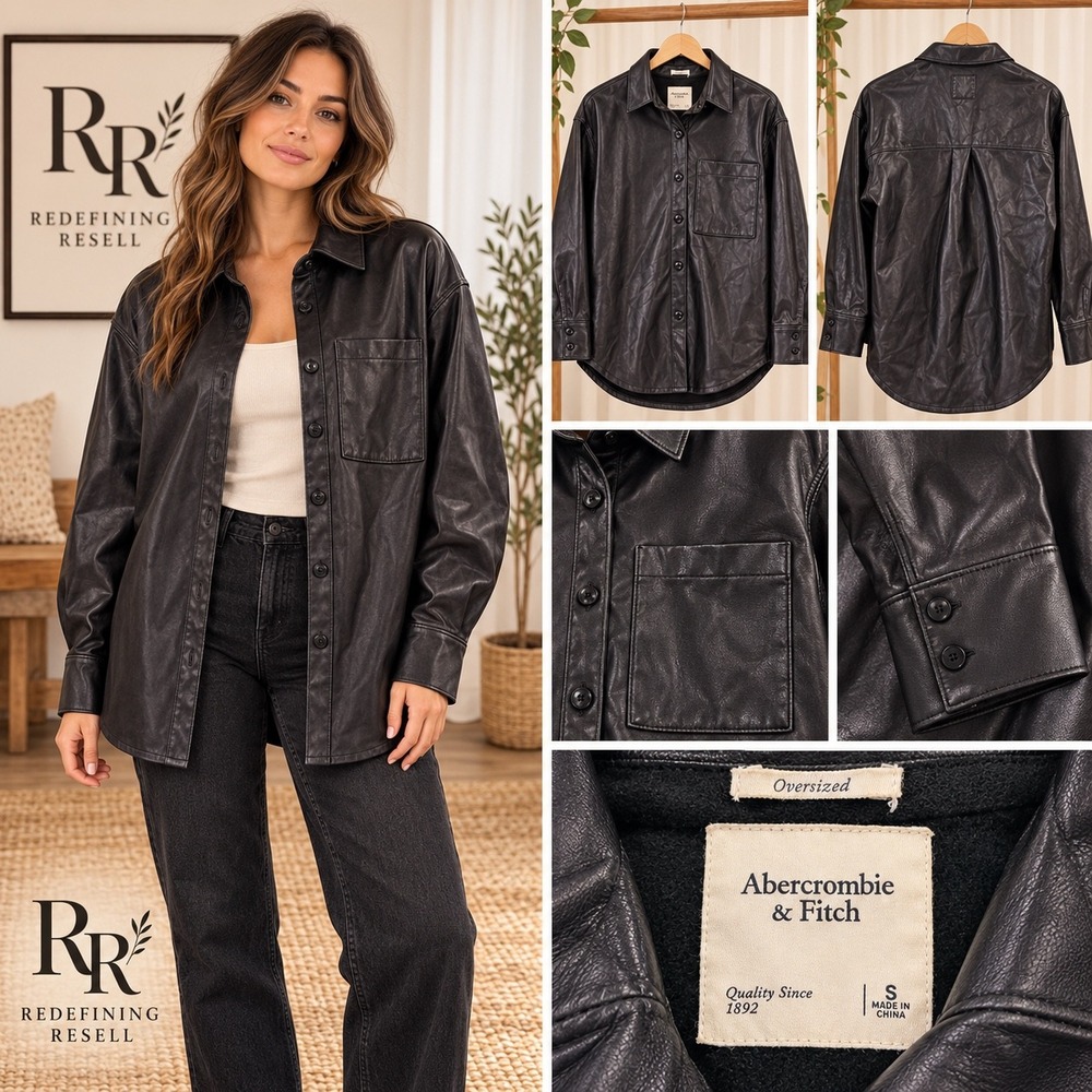 Abercrombie & Fitch Black Vegan Faux Leather Oversized Shirt Jacket Shacket S